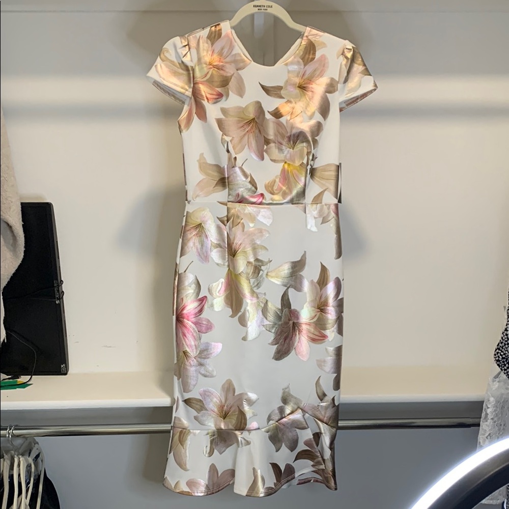 NWT Floral Foil Print White Dress Alexa B.